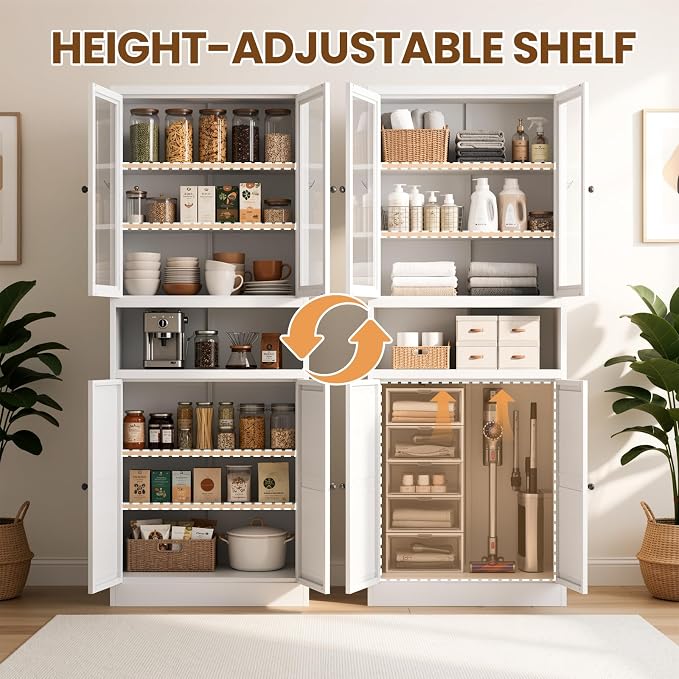Metal Pantry Cabinet, 72" Kitchen Pantry Cabinet with 2 Doors and 4 Adjustable Shelves, White Steel Storage Cupboard for Dining, Office, Living Room, Bathroom