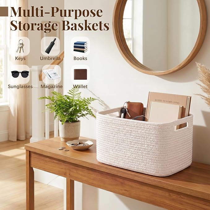 OIASKET 4Packs Natural Cotton Rope Storage Baskets for Organizing Toys, Clothes, Towels & Books, Soft Versatile Organizers for Shelves, Home Decorative Bins, 13''Lx9''Wx7.8''H, White
