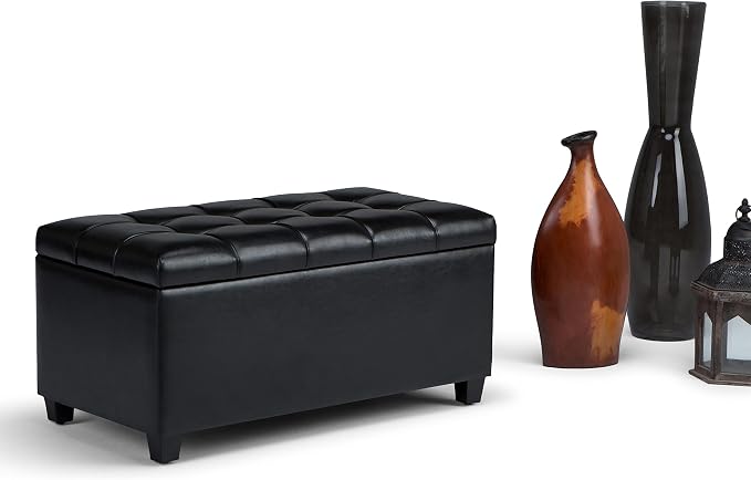 SIMPLIHOME Avalon 35" Wide Velvet Square Storage Ottoman in Blue | Transitional ottoman with tufting and lift-up lid; rectangle storage bench for living room or entryway.
