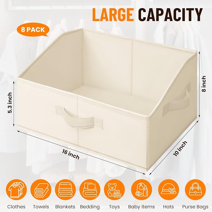 Closet Organizers Bins 8 Pack - Large Closet Shelf Organizer with Handles - Fabric Trapezoid Home Organization and Storage Baskets for Organizing Clothes Toy Blanket Towel Purse Hats