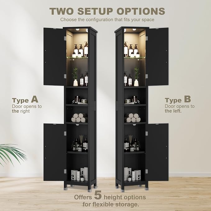 67" Tall Bathroom Storage Cabinet with Lights, Slim Narrow Bathroom Cabinet Organizer with Doors and Adjustable Shelves, Tall Cabinet for Small Space (66.9" Tall-Black with Light)