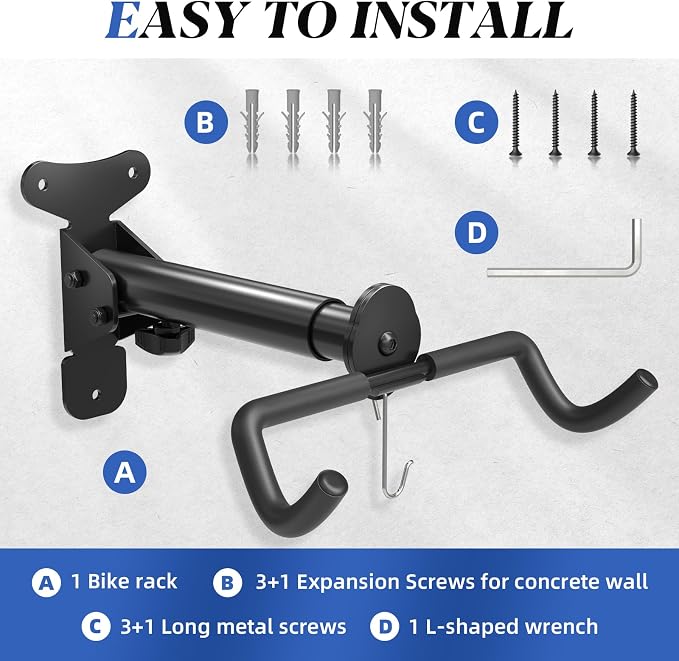 Goovilla Bike Wall Mount Hanger for Mountain/Road/Hybrid Bikes,1Pack Black | Adjustable - Space Saving Horizontal Bicycle Rack | Secure Home Garage Storage with Easy Installation | Cycling Holder Hook