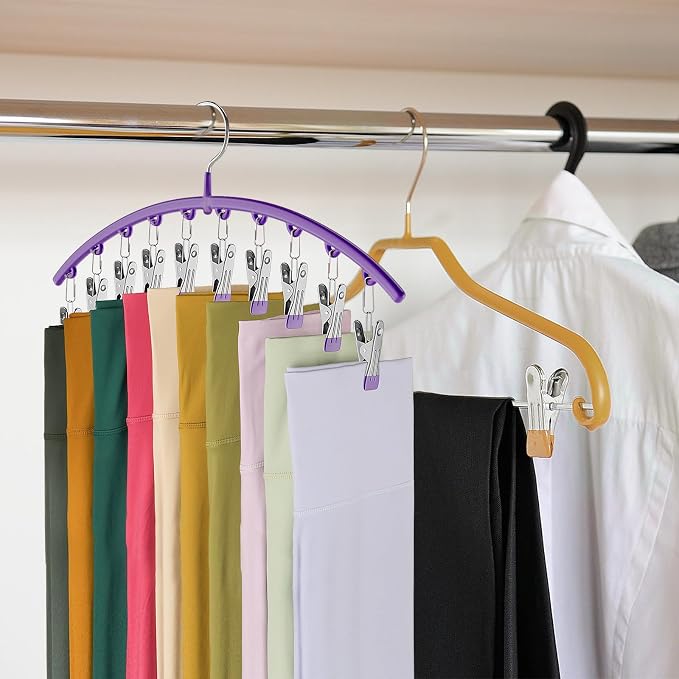 Volnamal Legging Organizer for Closet,4 Pack Metal Yoga Pants Hanger-Purple | Clothes Hanger w/10 Clips Hold 40 Leggings,Space Saving Hanging Closet Organizer College Dorm Essentials Apartment Essential