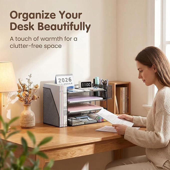 OPNICE Desk Organizer, 4-Tier Desktop File Organizer with Drawer and Pen Holders, Office Desk Accessories, File Sorters, Workspace Organizers for Office Supplies(Black - Metal Pen Holder)