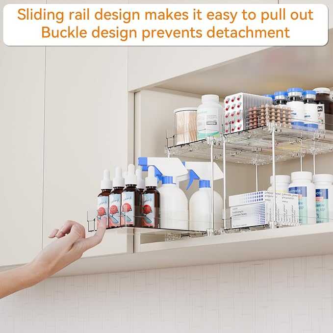 2 Tier Pull Out Cabinet Organizer and Medicine Cabinet Storage for Supplement,Vitamin,Medication and Pill Bottle,10.4" Deep Pantry Organizers Drawer,Under Sink Organizer for Bathroom,Cupboard