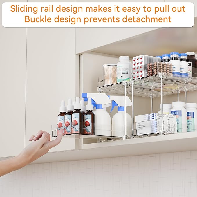 4 Set Bathroom Organizers and Storage,2 Tier Clear Under Sink Organizer and Medicine Cabinet Organizer for Kitchen,Pantry Storage,Pull Out Drawers for Skincare,Pill Bottle,Spice Organization