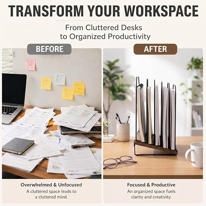 Novabright 2 Pack Inclined Desk File Organizer 5 Section Metal Vertical Folder Holder with Wooden Base Desktop Mail Sorter Step Magazine Document Paper Binder Holder for School Classroom Home Office