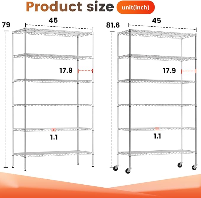 BestOffice | 6-Tier Wire Storage Shelves with Wheels | 18x45x82 | Chrome | Adjustable Racks | Heavy-Duty Metal Shelf, Holds Upto 2100 lbs | No-Tool Assembly | Ideal for Home & Garage Shelving