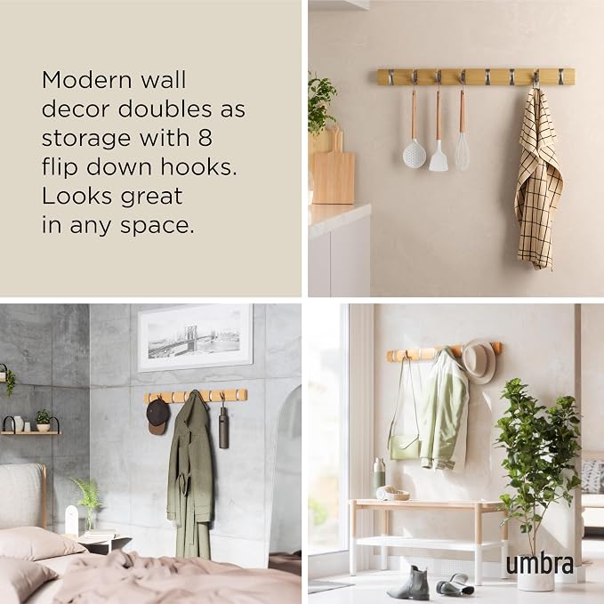 Umbra Flip Coat Rack, Wall Mount 8-Hook, Space Saving, Natural/Nickel | Real wood and steel build, retractable hooks fold flat, holds coats bags and scarves, easy install