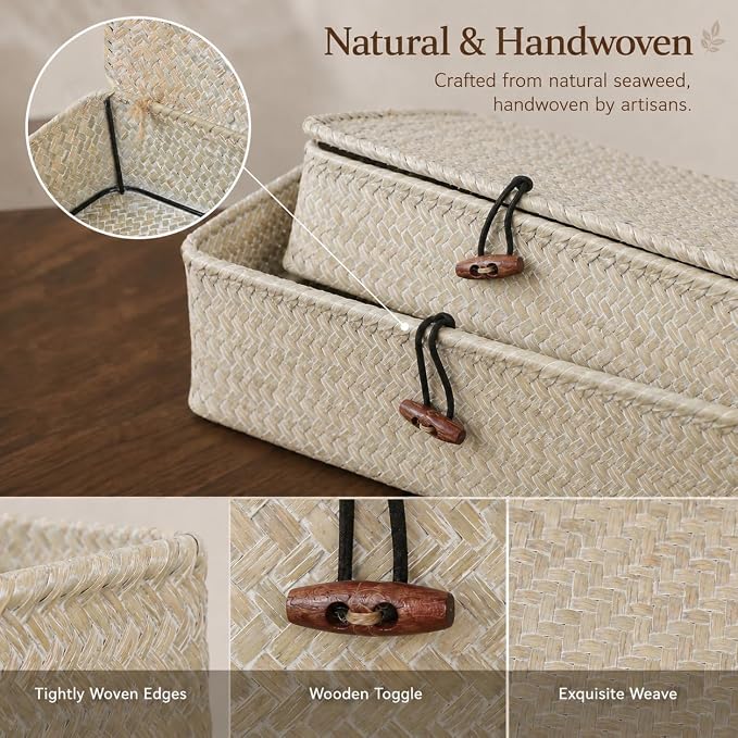 YANGQIHOME Set of 2 Seagrass Baskets with Lids, Rectangular Woven Storage Baskets, Natural Wicker Basket Boxes for Coffee Table, Shelf, Bathroom Counter & Closet Decor (Whitewashed, Set of 2)