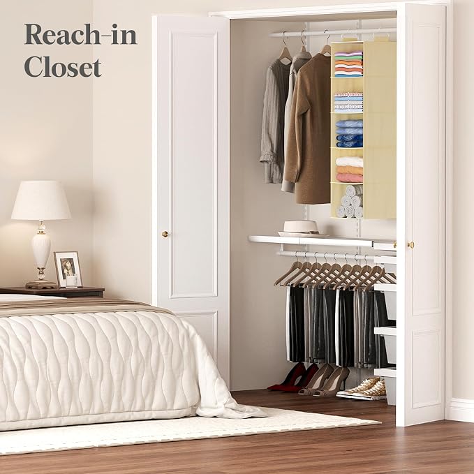 Lifewit 5 Tier Hanging Closet Storage Organizer for Shelves, Beige, 1 Pack | Foldable Clothes Shelf with 2 Sturdy Hooks, Sweater/Coat/Shoes Clothing Organization for Wardrobe, Dorm, Bedroom