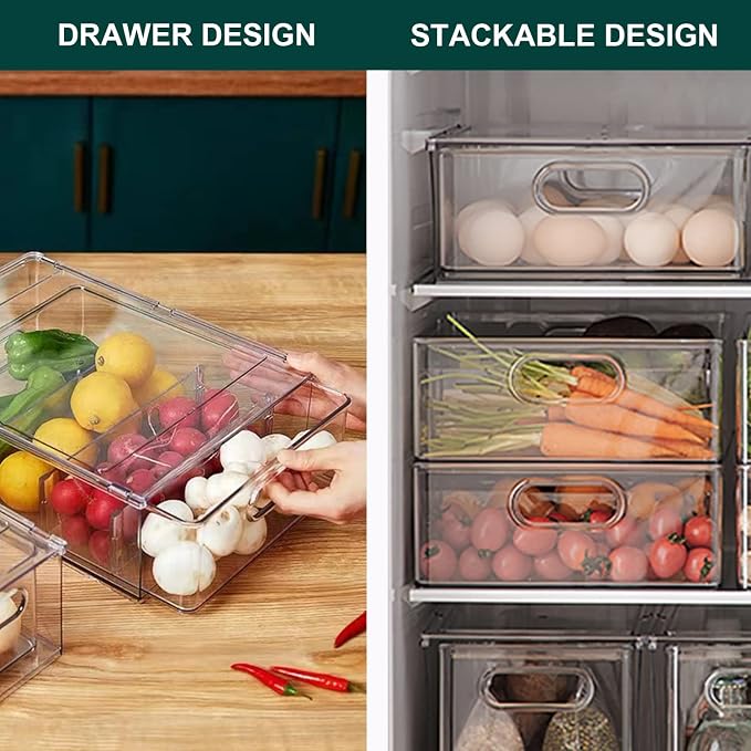 LALASTAR Refrigerator Organizer Bin with Pull-out Drawer, Large Fridge Organizer and Storage Clear, Stackable Pantry Organizer with Handle, BPA Free, 1 Pack, 6.34QT