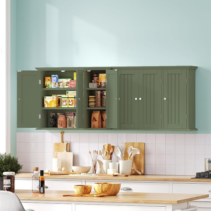 ChooChoo Laundry Cabinet with 3 Doors and Adjustable Shelves | 9.06"D x 31.1"W x 24"H, Bathroom Wall Cabinet, Cupboard, Green
