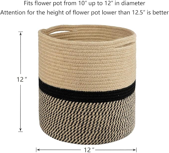 TIMEYARD Large Jute Plant Basket, Planter for Indoor Plants, Black and Jute | 12" x 12" Storage Organizer Basket Rustic Home Decor, Wicker Planter, Woven Pot for Indoor Plants