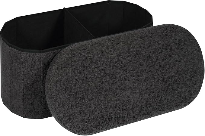 30 Inches Oval Storage Ottoman Bench, Foldable Footrest | Teddy Boucle Fabric, Hidden Storage, Soft Padded Seat, Compact Ottoman for Living Room, Bedroom, Dorm, Dark Grey