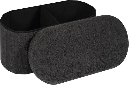30 Inches Oval Storage Ottoman Bench, Foldable Footrest | Teddy Boucle Fabric, Hidden Storage, Soft Padded Seat, Compact Ottoman for Living Room, Bedroom, Dorm, Dark Grey