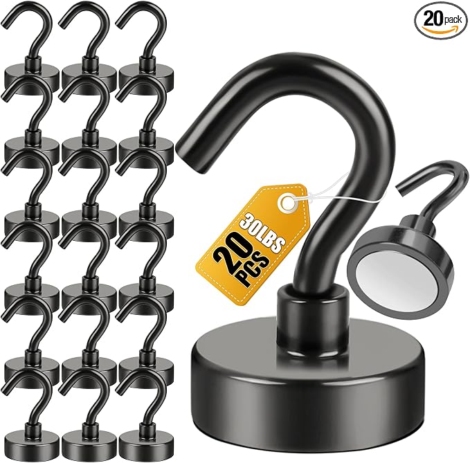 DIYMAG Magnetic Hooks 20pcs 30lbs+ Cruise Essentials 2026 Magnet Hook Black | Neodymium Heavy Duty Strong Magnets Hanging Ship Cabins Refrigerator Fridge Classroom Beach Vacation Kitchen Grills Home Tool