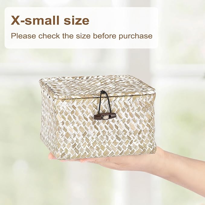 Hipiwe Wicker Shelf Baskets with Lid Woven Decorative Basket Bin, X-small | Handmade Natural Seagrass Storage Box, Household Organizer Bin for Shelf Bathroom Coffee Table Decor Organizer