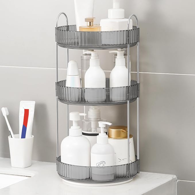 YCIA&DONE 360 Rotating Makeup Organizer and Storage for Vanity Countertop 3 Tiers, High Capacity Cosmetic Skincare Perfume Organizers for Dresser Bathroom Lazy Susan (Smoky Gray)