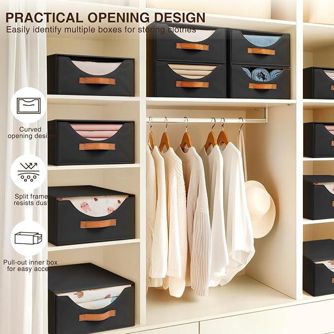 Homsorout Stackable Storage Drawers - Large Collapsible Storage Bins with Drawers, 6 Pack Closet Shelf Organizer Basket, Fabric Pull Out Organizer for Bedroom, Living Room, Dorm, Black