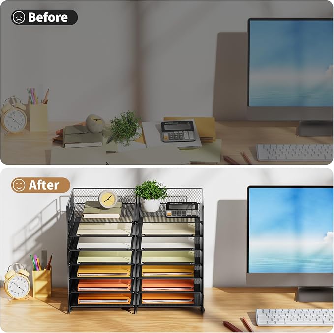 Marbrasse 12 Slots Desktop Literature Organizer, 7-Tier Mesh Paper Organizer for Desk, Adjustable Mail File Sorter Tray with Handle, Desktop Classroom Mailbox Cabinet for Office Home School, Black