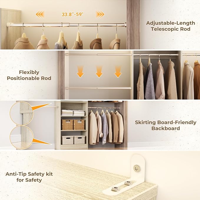 Closet System, 4.5-11.5 Ft Expandable Closet Organizer, Light Oak | 5 Hanging Rods, Walk-in Wood Closet Organizer System with Storage Tower, Heavy Duty Garment Rack Wardrobe for Bedroom