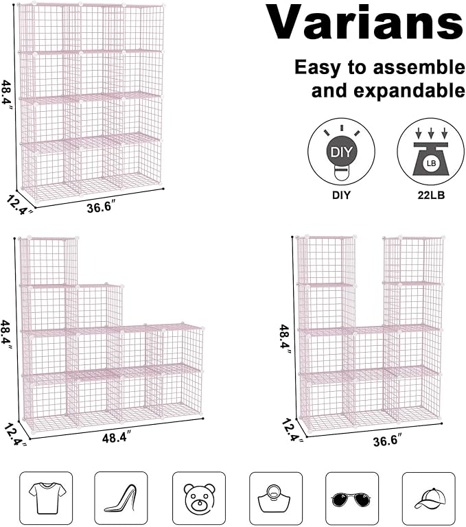 C&AHOME Wire Cube Storage, 12 - Cube Organizer Metal C Grids, Closet, Pink | Modular Shelves Units Storage Bins Shelving Bookshelf Shelf Cabinet