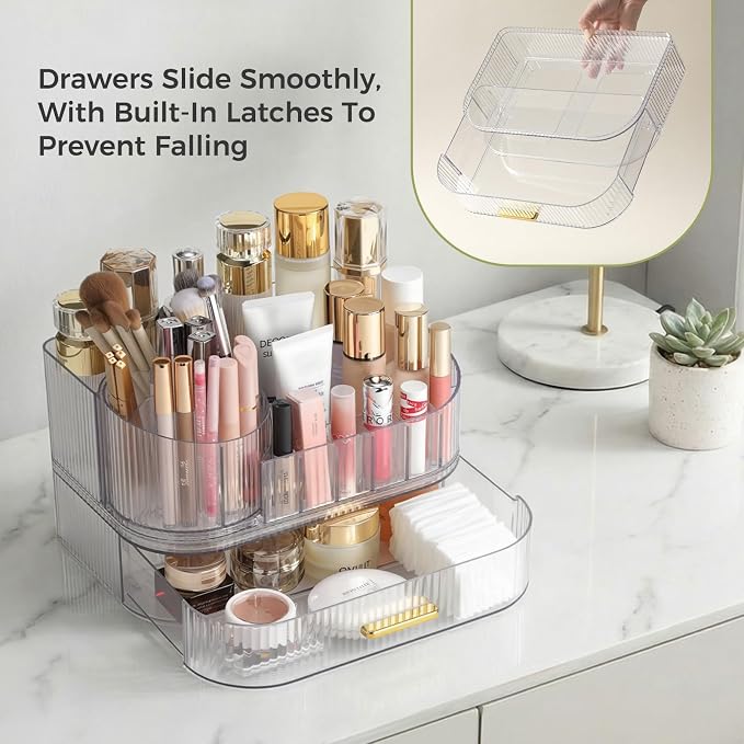 Delamu Rotating Makeup Organizer countertop, Brush Holder for Vanity, Clear | Stackable Drawer Makeup Storage for Skincare, Lipstick, Brushes & Perfume, Fits Dresser & Bathroom Countertop, Gift for Women