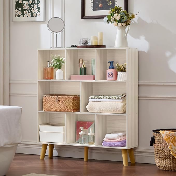 LEYAOYAO 8 Cube Bookshelf,Mid-Century Modern Bookcase with Legs,Light Grey | 3 Tier Book Shelf,Rustic Wood Bookshelves Freestanding Large Storage Organizer, Open Shelves for Bedroom, Living Room, Office