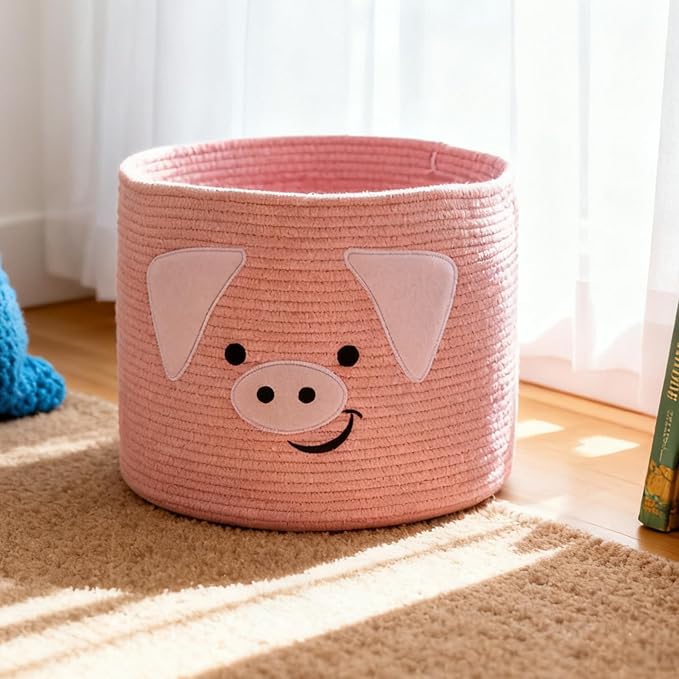 VK VK·LIVING Animal Baskets Large Woven Cotton Rope Storage with Cute Pig Design and Handles, Laundry Organizer for Towels, Blanket, Toys, Clothes, Gifts, Toy Box, Gift for Pet or Baby 15"D x 14"H