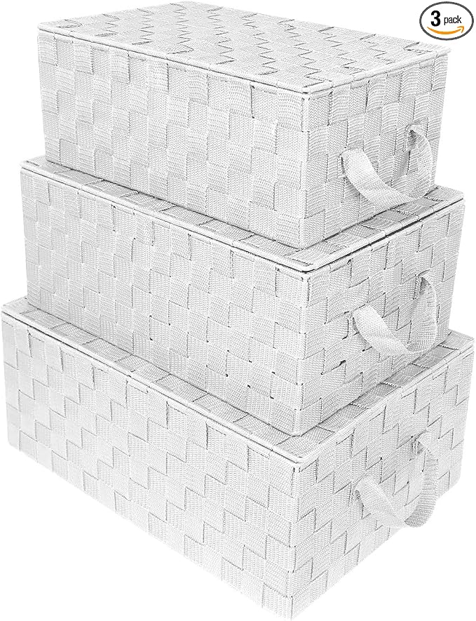 Sorbus Set of 3 Storage Baskets for Organizing with Lid, Mesh Hand-Woven Design, Linen Closet Organizers and Storage, Organizer Storage Baskets for Shelves, Variety Pack Organizers and Storage (White)