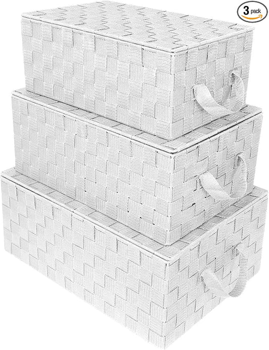 Sorbus Set of 3 Storage Baskets for Organizing with Lid, Mesh Hand-Woven Design, Linen Closet Organizers and Storage, Organizer Storage Baskets for Shelves, Variety Pack Organizers and Storage (White)