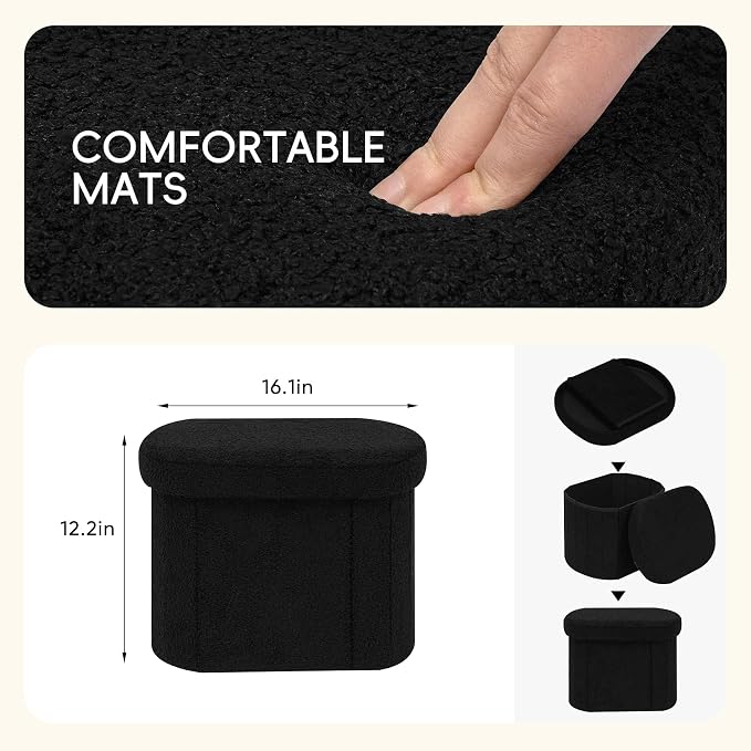 PINPLUS Storage Ottoman Boulce Tufted Oval Small Ottomans Bench Foot Rest with Storage 16.1"x12.2"x12.2" (Black)