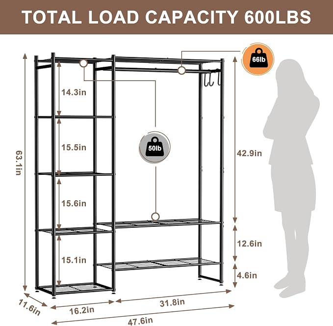 Closet Wardrobe, Closet Organizers and Storage System, Metal Clothes Rack | All in one, With 4 Tiers Shelves, Portable & Free Standing, for Hanging Clothes, for Cloakroom Bedroom