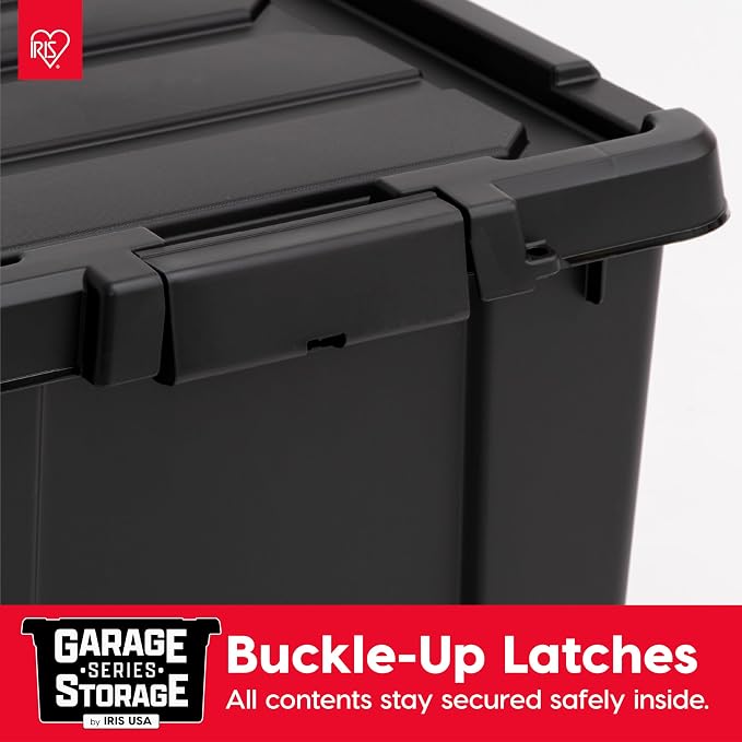IRIS USA 6-Pack 5 Gal Heavy Duty Lockable Storage Totes with lids, Black | Built for tools, hardware, emergency supplies and small equipment, Stackable design keeps spaces organized