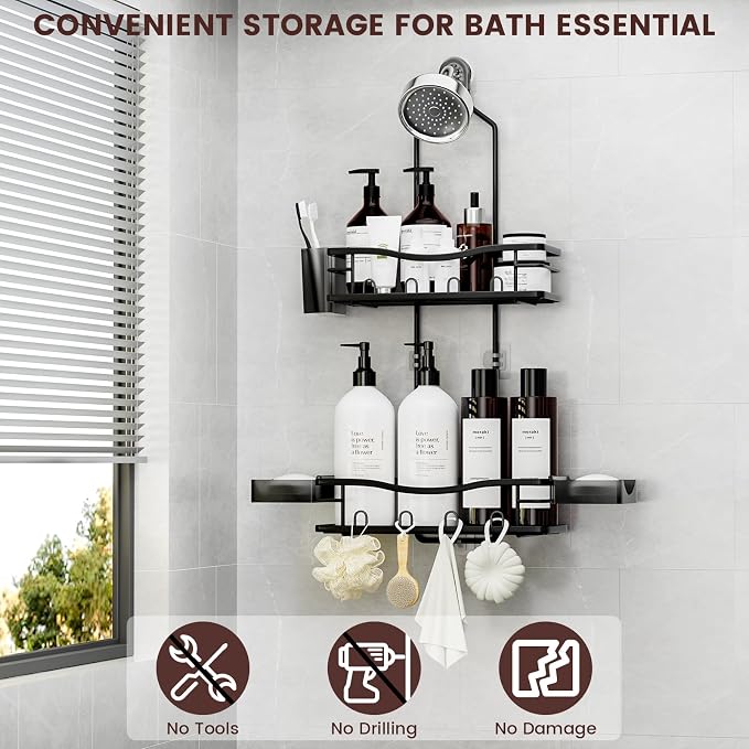 Rustproof Shower Caddy Hanging with Soap Holders for Bathroom, Black | Shower Organizer with Multi Hooks Toothbrush Holder, No Drilling, Anti-Swing, Storage for Shampoo Conditioner Body Wash