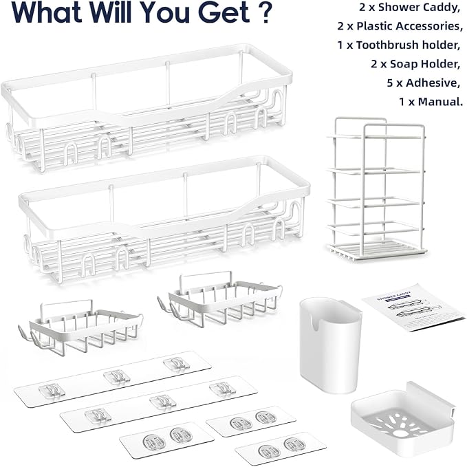 NESOMI Shower Caddy Adhesive Shower Organizer 7-Pack, Rustproof Stainless Steel Bathroom Shelves, Large Capacity No-Drill Rack Storage Accessories with Soap Dish Toothbrush Holder Hooks