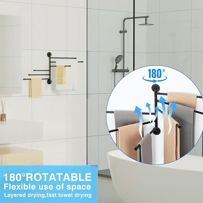 Alise Swivel Towel Rack 13.9", 6 Arm Swing Out Towel Bar, Matte Black | Space Saving Swing Arm Towel Rack for Bathroom Kitchen, 180° Rotating, SUS304 Stainless Steel