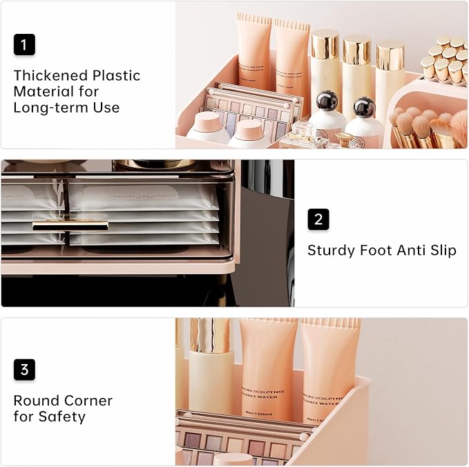 UFORU Makeup Organizer Countertop with Brush Holder for Vanity Bathroom | Large Capacity, Thickened Plastic, 2 Clear Drawers, Compact Size, Detachable Brush Holder, Divided Compartments, Easy Access