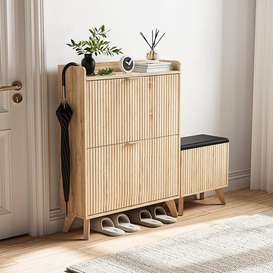 Fluted Shoe Cabinet Storage with Bench, Wood Narrow Hidden Shoe Cabinet with 2 Flip Drawers Wood Legs Adjustable Shelf for Entryway, L-Shaped Shoe Rack Organizer for Foyer Hallway Living Room
