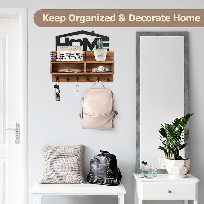 VIS'V Key Holder Wall Mount, Decorative Wood Mail and Key Organizer, Brown | Contains Iron Storage Basket, Small Shelf, 2 Compartments, 6 Hooks, for Entryway, Hallway, Doorway, Kitchen, Garage, RV