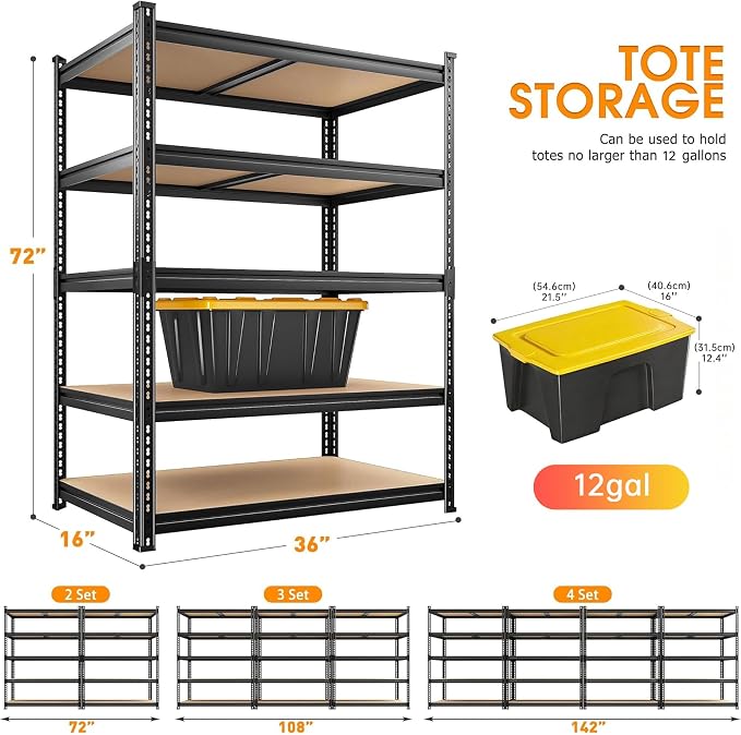 REIBII 2400LBS Garage Shelving 5 Tier Storage Shelves Heavy Duty, Adjustable Metal Shelving Unit,Garage Shelves for Basement,Warehouse,Pantry,Closet,Kitchen 72" H x 36" W x 16" D,2 Pack | Heavy Duty