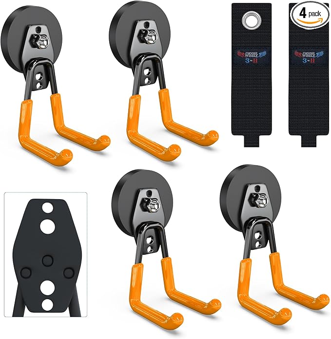 3-H Heavy Duty Magnetic Hooks, Large Magnet Hooks,4 Pack Orange | No-Drill Tool Holder for Garage,Power Drill,Garden Tools,Hose Storage