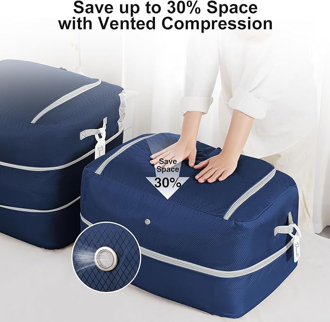 Comforter Storage Bag - 110L Large Capacity Blanket Storage Bags Ultra Space Saving Self Compression Organizer, Washable Compression Bags for Storage Comforter Blanket, 1-Pack, Navy Blue