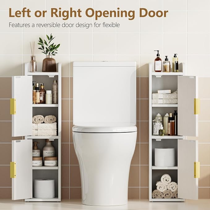 Yoobure Small Bathroom Storage Cabinet - Corner Floor Cabinet with 2 Doors & Adjustable Shelves, Narrow Slim Toilet Paper Cabinets, Skinny Bathroom Organizer for Small Space, 7.9" D x 7.9" W, White