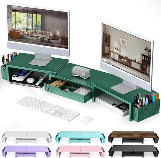 gianotter Dual Monitor Stand Riser, Desk Organizer With Drawer and 2 Pen Holders, Monitor Stand for Desk, Office Decor Essentials (Green)