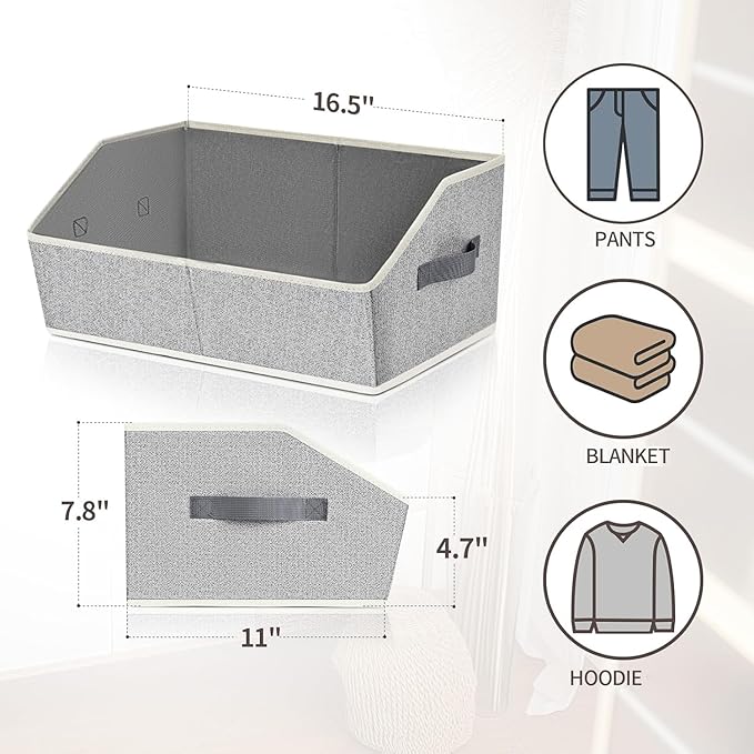 Homsorout Closet Organizers Bins 6 Packs - Large Closet Shelf Organizer with Handles, Fabric Trapezoid Storage Bins, Collapsible Storage Cubes for Clothes, Towels, Light Gray
