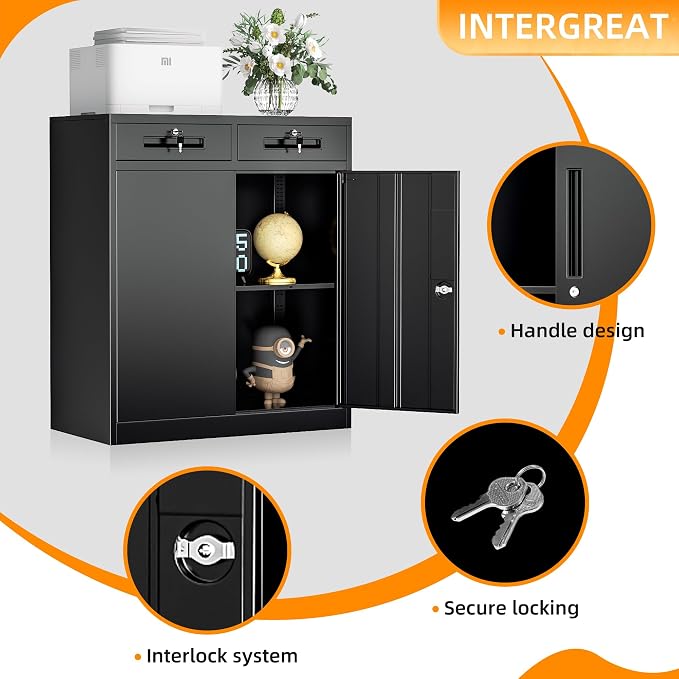 INTERGREAT Metal Storage Cabinet with Drawers, 36”H Lockable Office Storage Cabinets with 2 Doors and Adjustable Shelves, White Steel File Cabinet for Home Office, Garage, School, Apartment(Black)