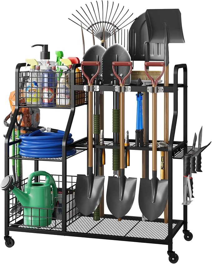 keomaisyto Garden Tool Holder Organizer with Heavy Duty Wheels for Garage | Large Yard Tool Organizer with 2 Baskets, Utility Garden Tool Rack for/Shed/Garage/Yard/Basement/Lawn