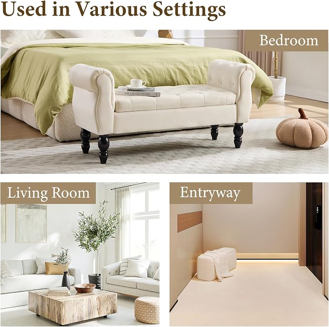 47″ Storage Bench with Arms End of Bed Bench,Velvet Entryway Bench with Storage, Button Tufted Upholstered Ottoman Bench Wood Legs, Window Sitting Bench for Bedroom/Living Room/Hallway, Cream
